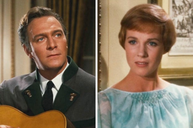 Two characters from a classic film: one man in a formal military-style jacket holding a guitar, and one woman in a light, elegant dress