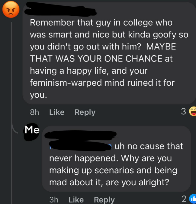 Online exchange: One person angrily accuses another of missing a romantic chance, while the other dismisses it as fictional