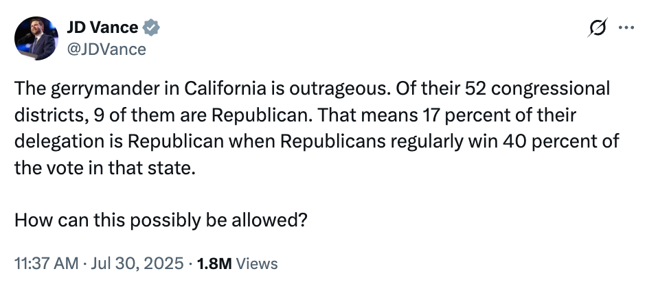 Tweet by JD Vance criticizing California&#x27;s political gerrymandering, noting only 9 of 52 districts are Republican despite 40% vote share