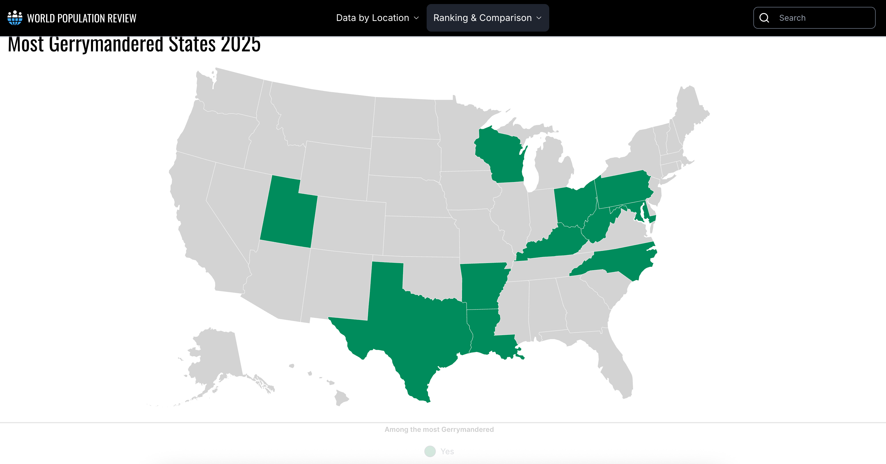 Map of the U.S. highlighting the most gerrymandered states in green for 2023