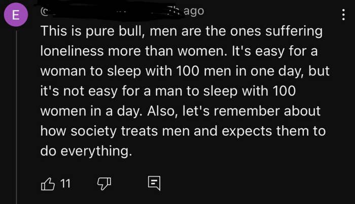 Screenshot of a social media comment discussing gender differences in loneliness and societal expectations, mentioning men and women