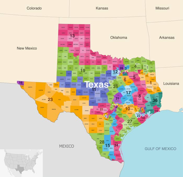 Map of Texas showing numbered district divisions, neighboring states, and Gulf of Mexico