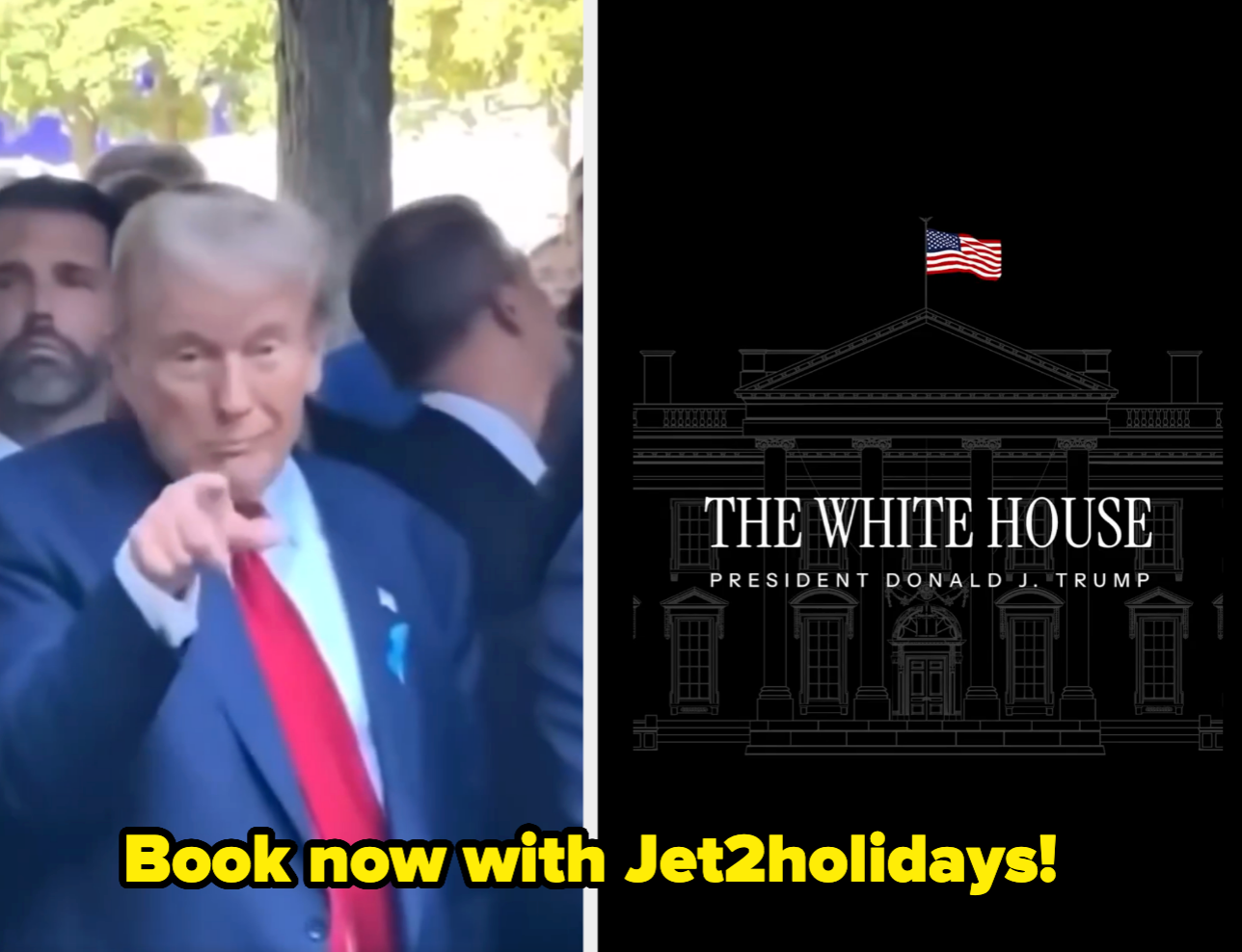 Man pointing at the camera on the left; Jet2holidays ad with White House illustration on the right
