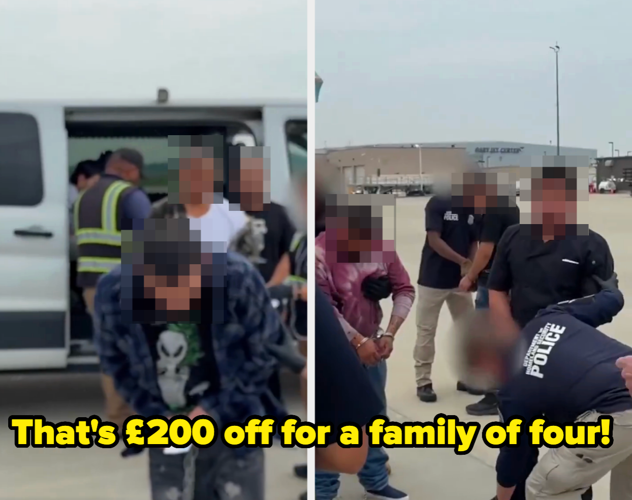 Blurred image of a group near a van, partially obstructed by a caption about discounted price for a family of four