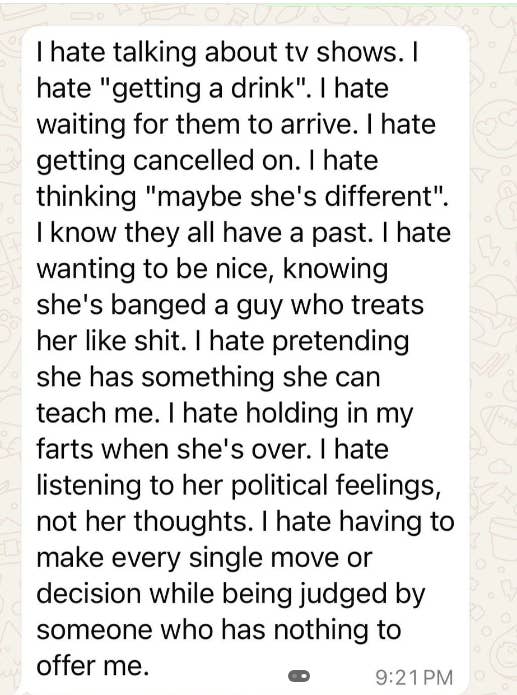 The text expresses a variety of personal dislikes, such as discussions about TV shows, waiting for people, and being judged by others