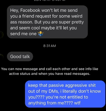 Text conversation showing someone requesting a friend add, followed by a rejection message