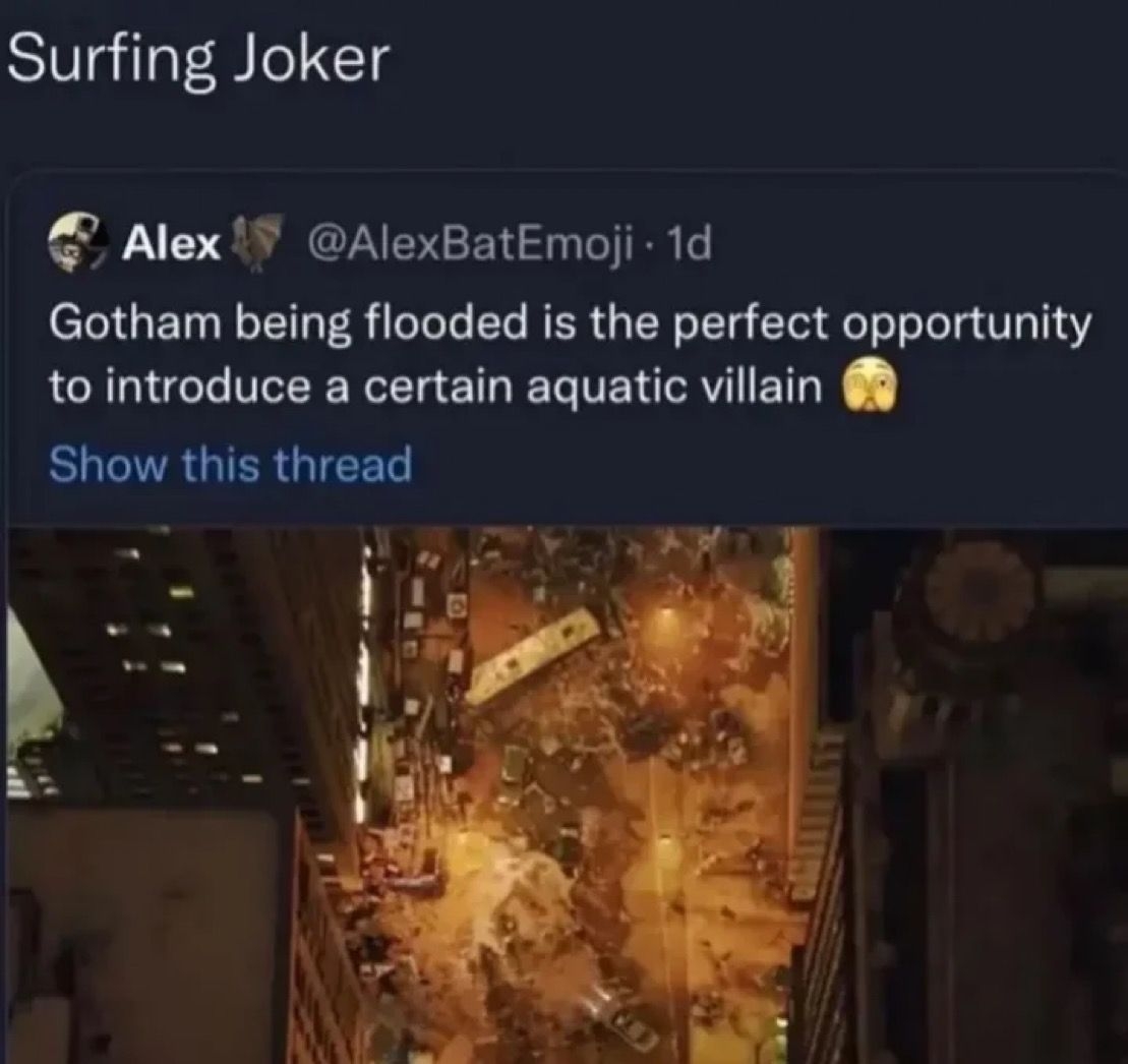 View from above of a city street covered in water. Tweet suggests it&#x27;s a chance to introduce an aquatic villain