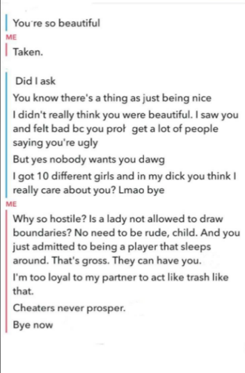 Text conversation on relationship status and loyalty; one person criticizes the other&#x27;s behavior and responds defensively