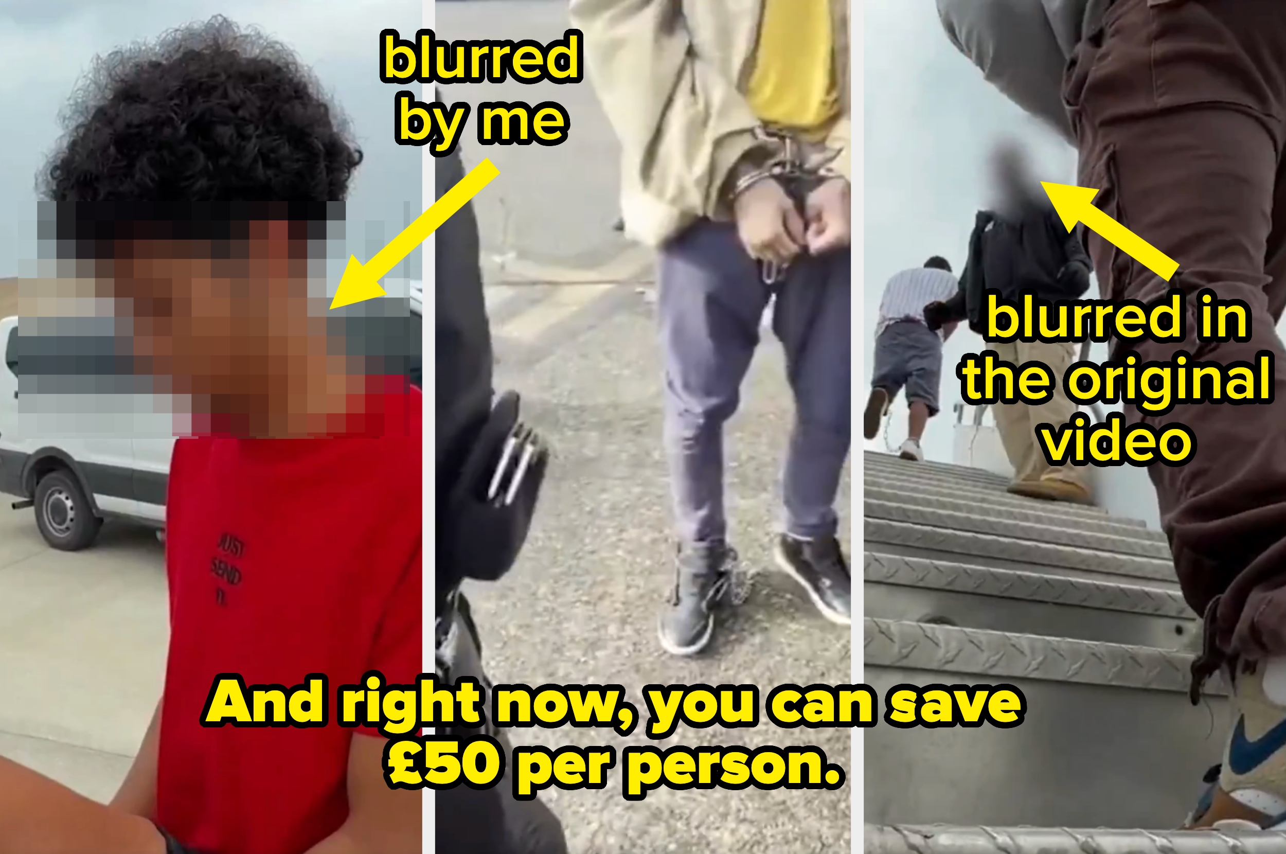 Image with blurred individuals, one in handcuffs. Text overlay discusses potential savings of £50 per person
