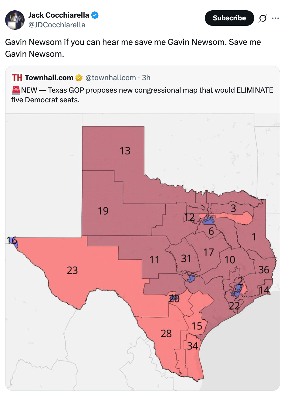 Map of Texas showing proposed congressional districts, with bold text labels and highlighted areas. Tweet mentions Gavin Newsom
