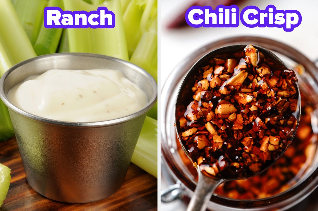 A metal cup filled with creamy ranch dip next to a spoon pulling up spicy-looking chili crisp
