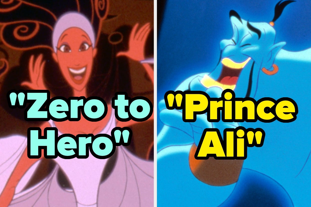 Muse from "Hercules" labeled "Zero to Hero" and Genie from "Aladdin" labeled "Prince Ali," both singing