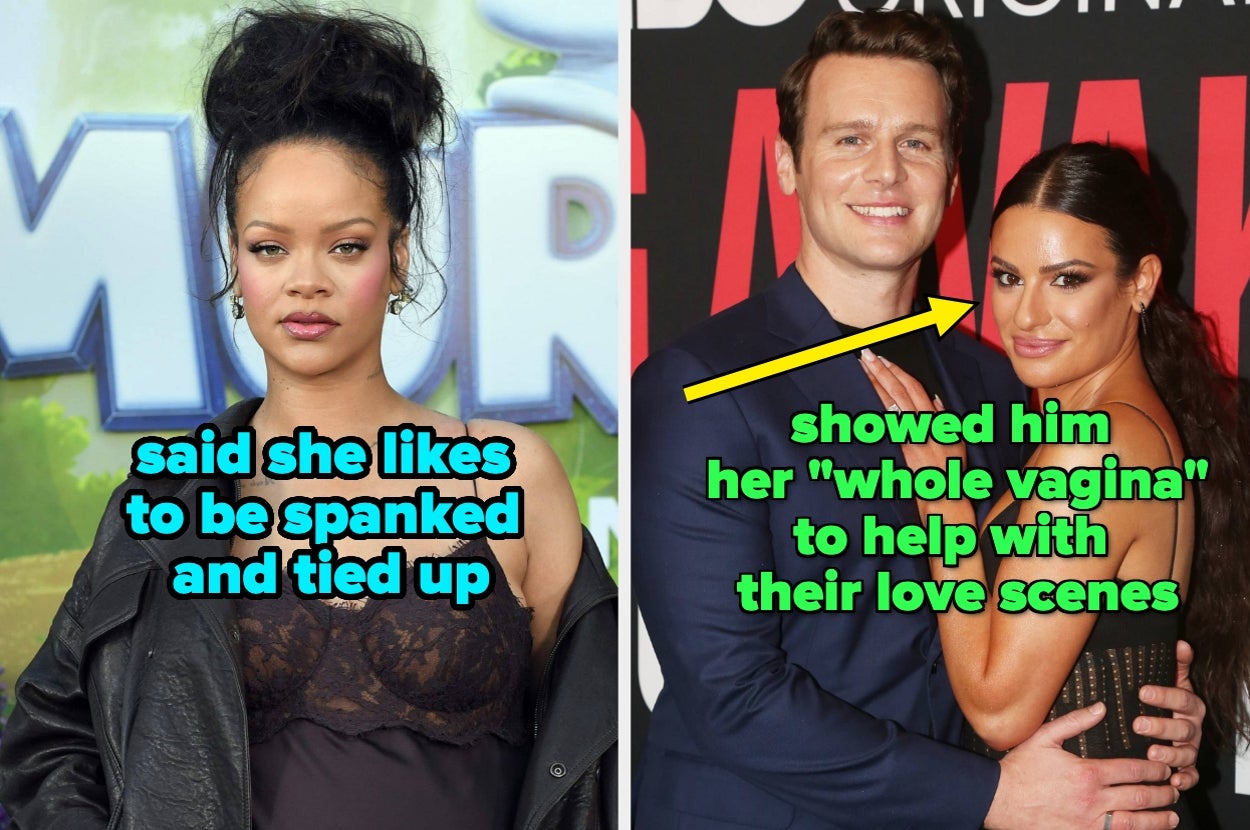 Left: Woman with an updo in black lace top and jacket. Right: Woman in silver gown embracing a man, both smiling. Text: Intimate confessions