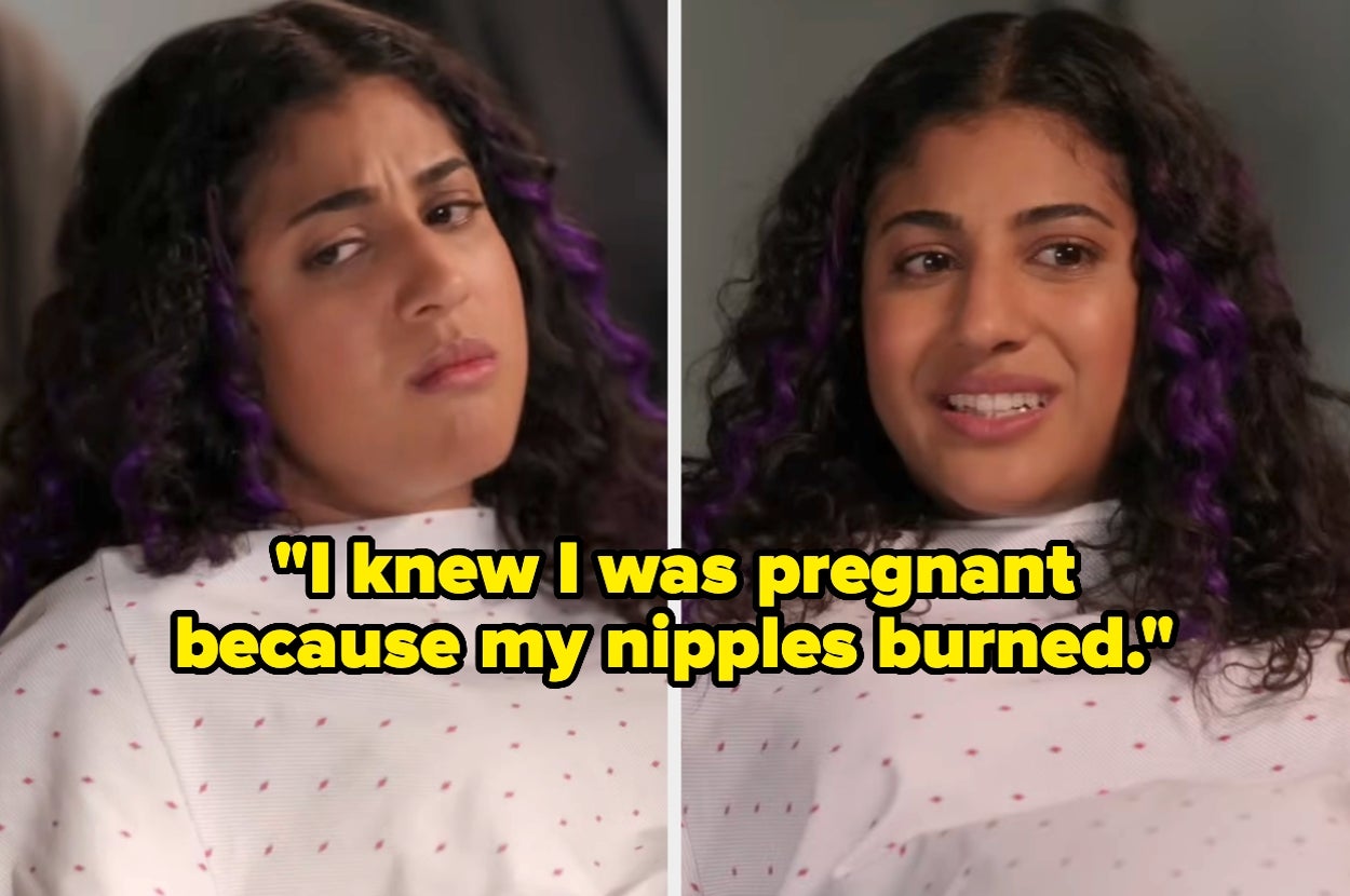 Two images of a woman with curly hair talking, text reads: "I knew I was pregnant because my nipples burned"