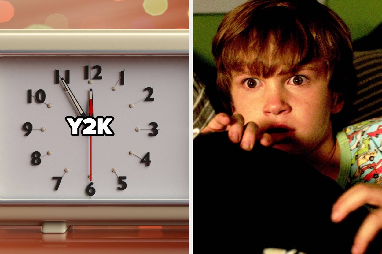 Alarm clock showing Y2K with a shocked child holding onto something, wearing patterned pajamas