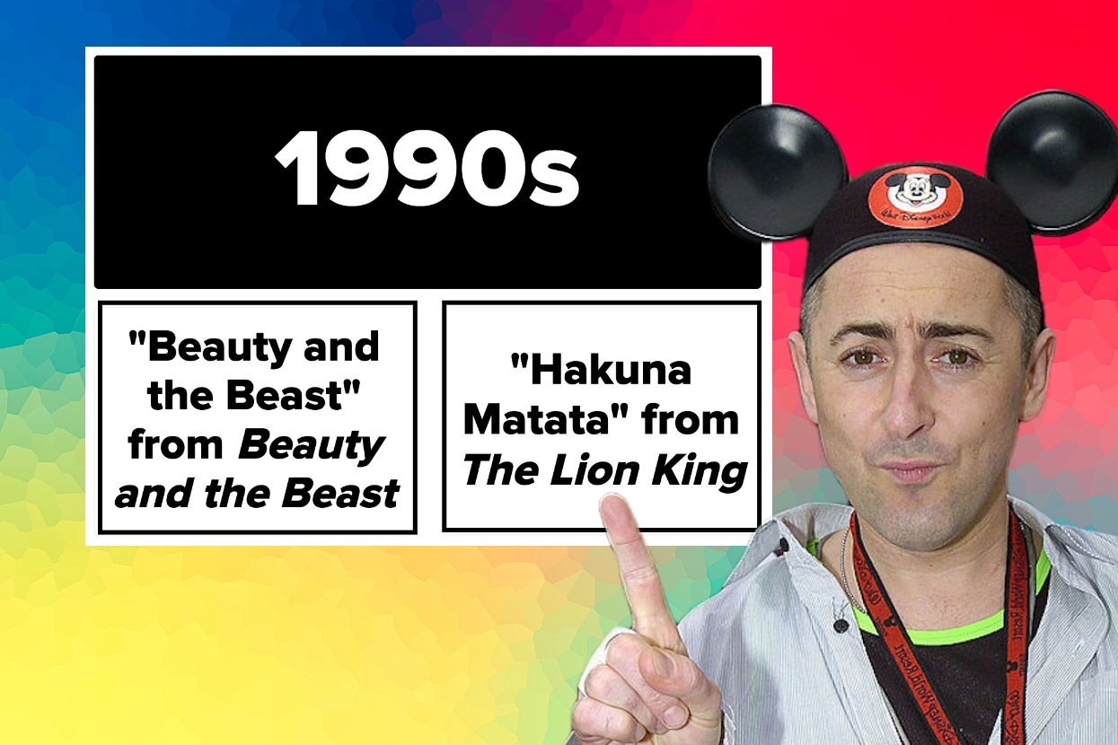 Alan Cummings wearing Mickey Mouse ears stands near text about 1990s Disney songs: "Beauty and the Beast" and "Hakuna Matata."