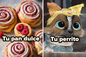 Rollos de canela con frambuesas y un perro con orejas de gato; texto: "Tu pan dulce" y "Tu perrito"