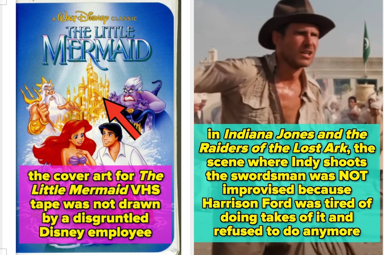 Left: "The Little Mermaid" VHS cover art. Right: Scene from "Indiana Jones and the Raiders of the Lost Ark" with trivia about an improvised moment