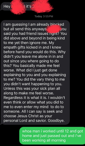 A text conversation where one person expresses feeling hurt and blocked, while the other person explains they were busy with work
