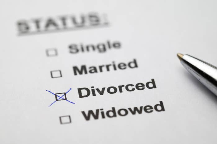 A form with checkboxes lists relationship status options: Single, Married, Divorced (checked), Widowed. A pen is nearby