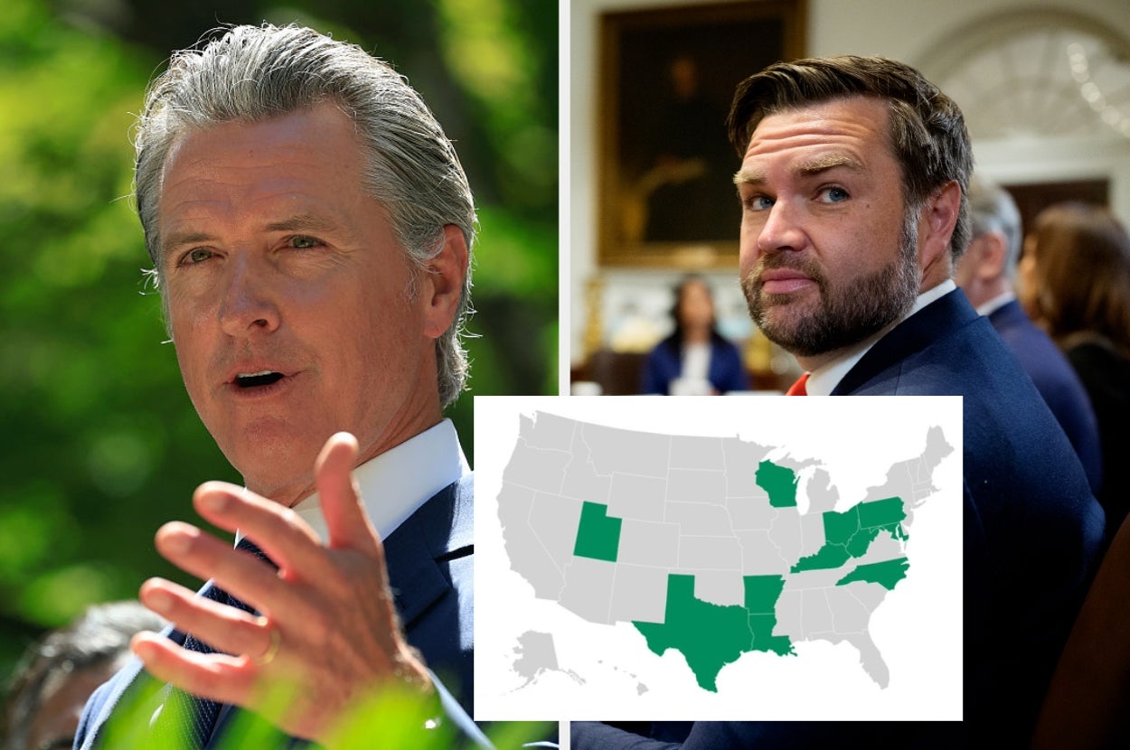 Two men engaged in discussion, formal attire. Background shows a U.S. map with several states highlighted, implying a political context