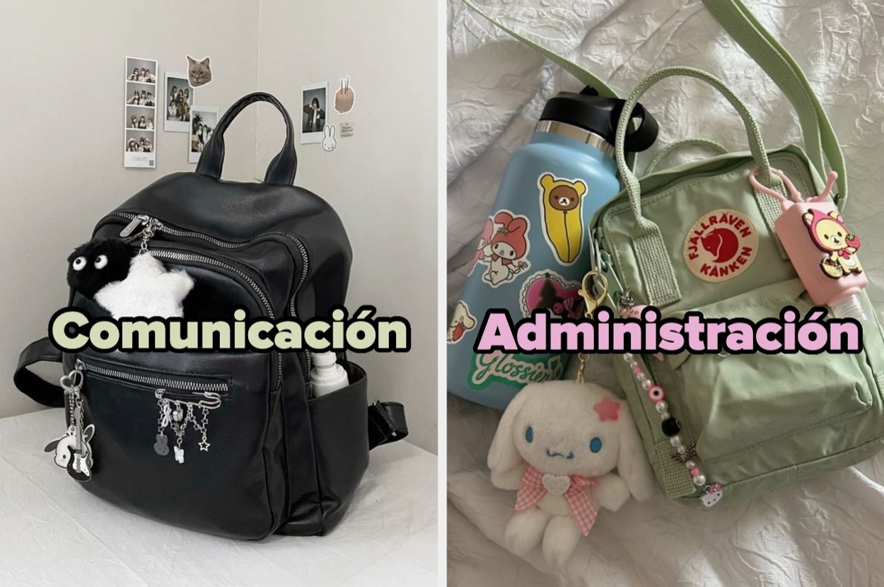 Mochila negra con llavero de peluche "Comunicación" y mochila verde con accesorios "Administración" comparadas en estilo