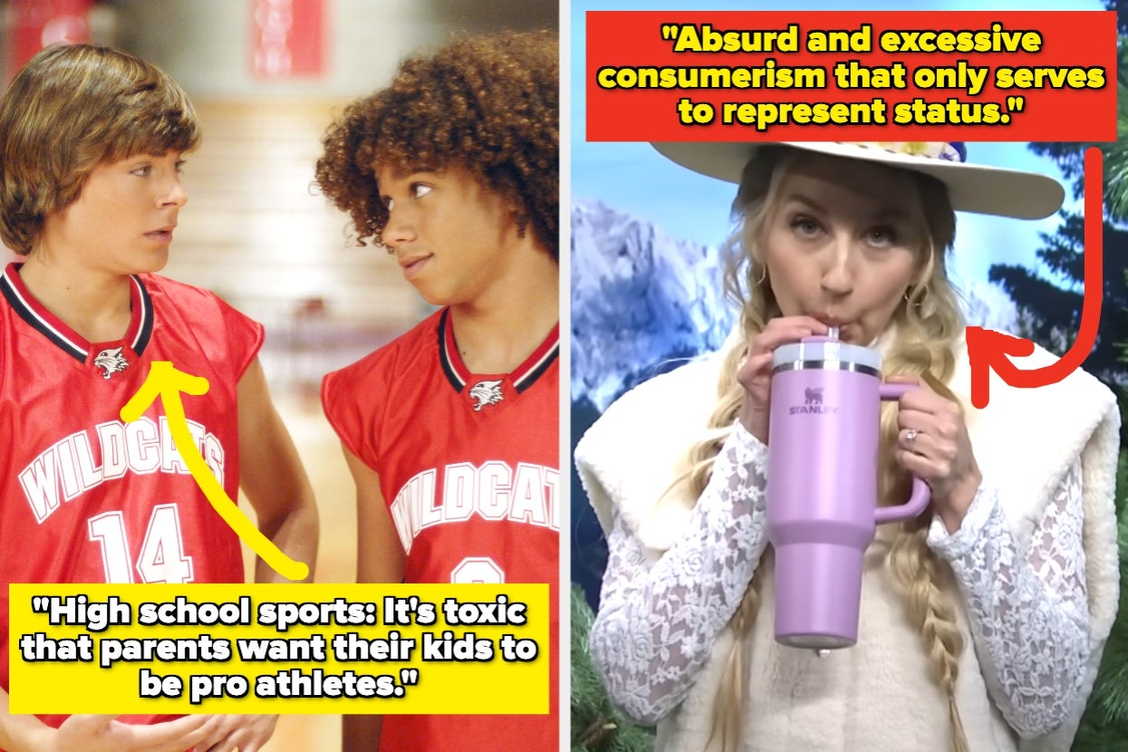 Split image: left shows two teens in Wildcats jerseys talking; right shows a person drinking from a large cup. Both have sarcastic critique captions