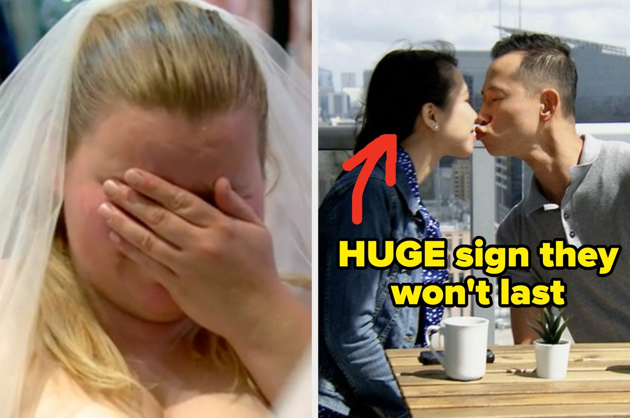 Split image: Left shows a bride covering her face; right shows a couple almost kissing with text "HUGE sign they won't last"