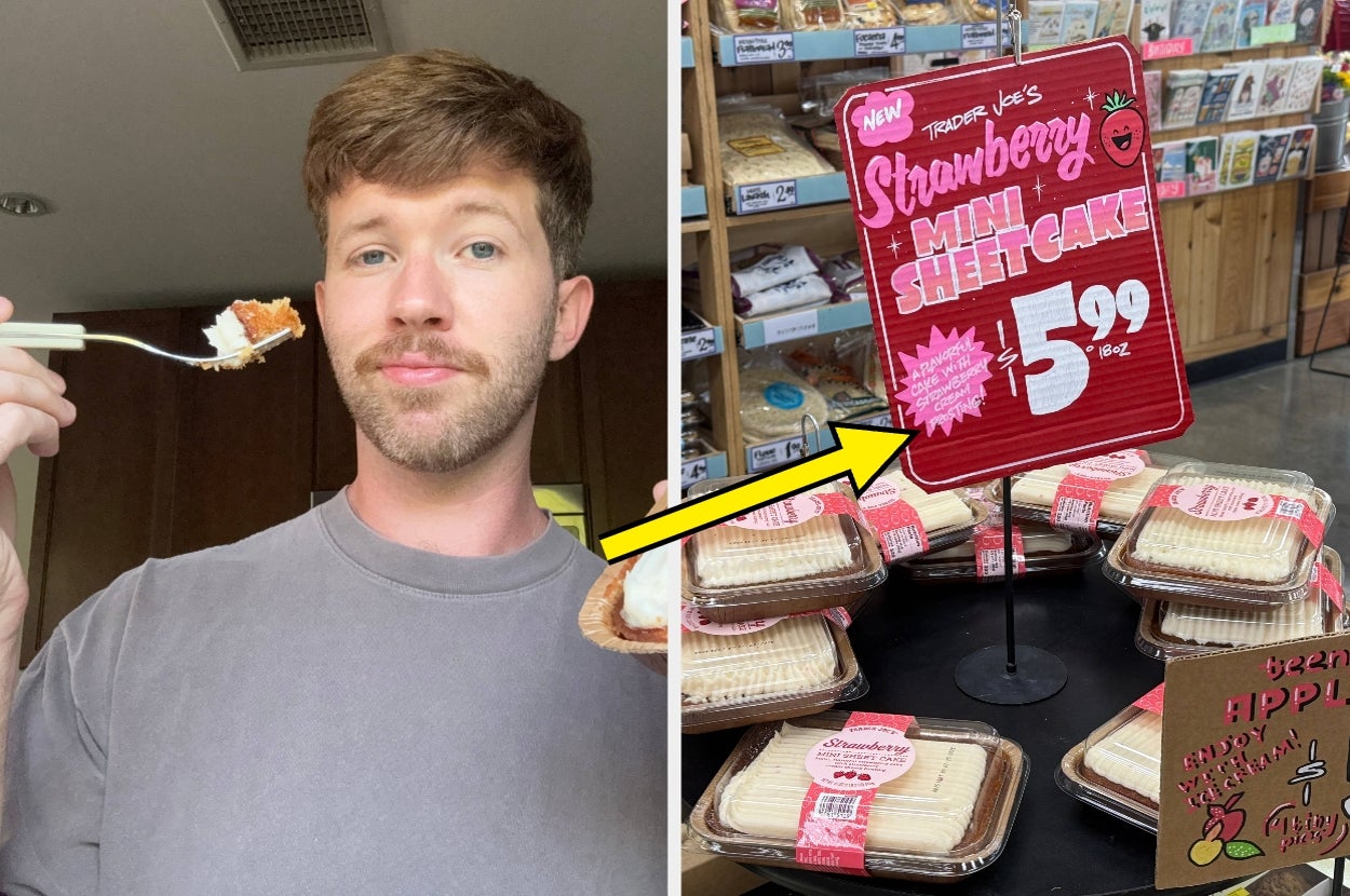 Person eating strawberry mini sheet cake; supermarket display sign highlights the cake at $5.99