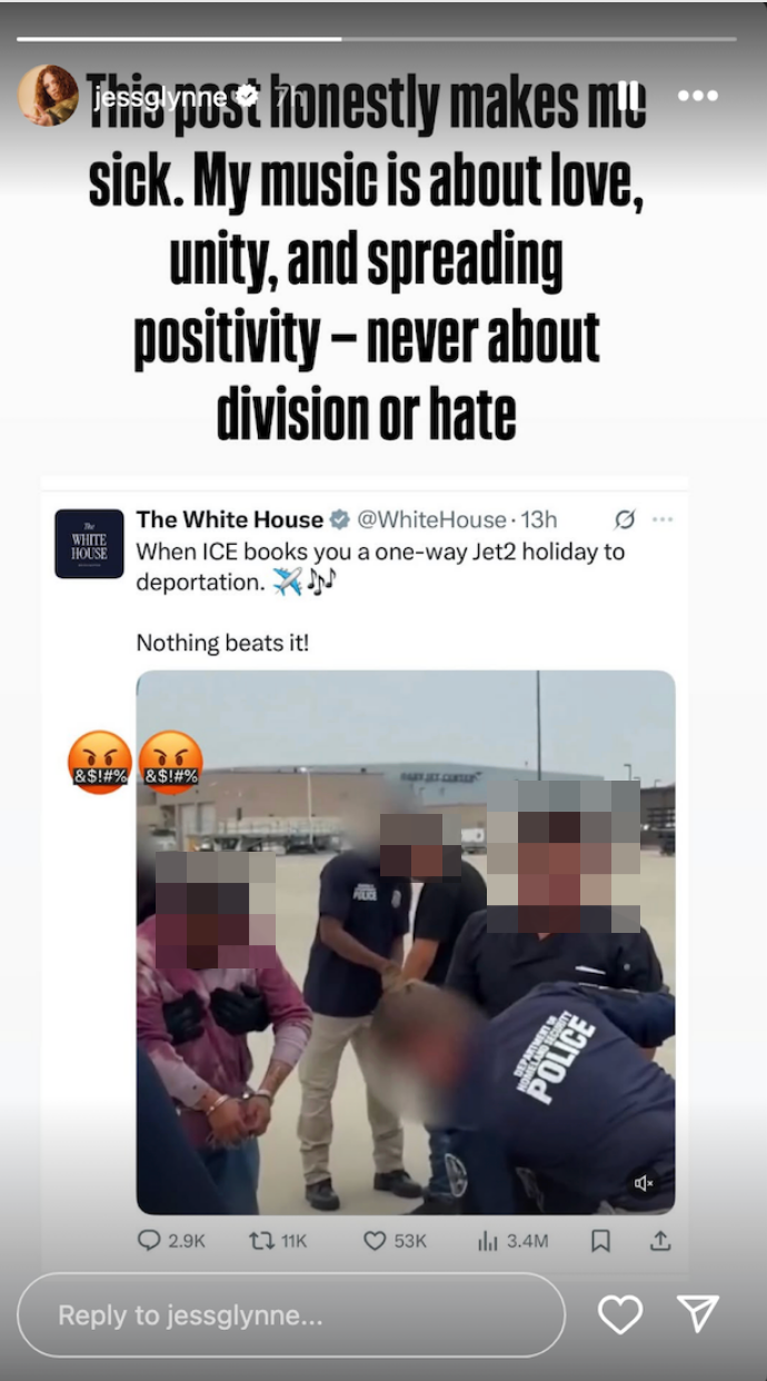 A screenshot of an Instagram story criticizing a tweet from the White House about ICE deportations, expressing anger and promoting love and unity