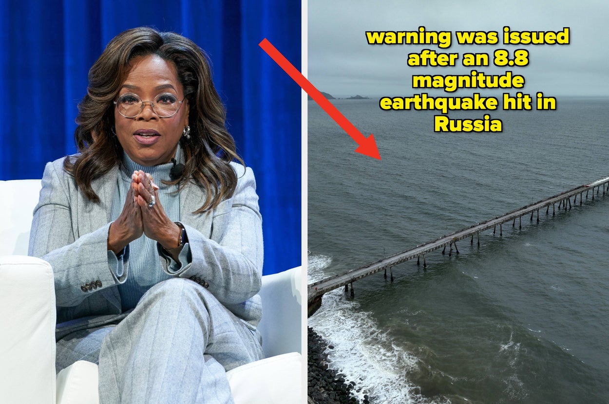 Oprah in a stylish suit sits on a chair with her hands clasped vs view shows water after an earthquake