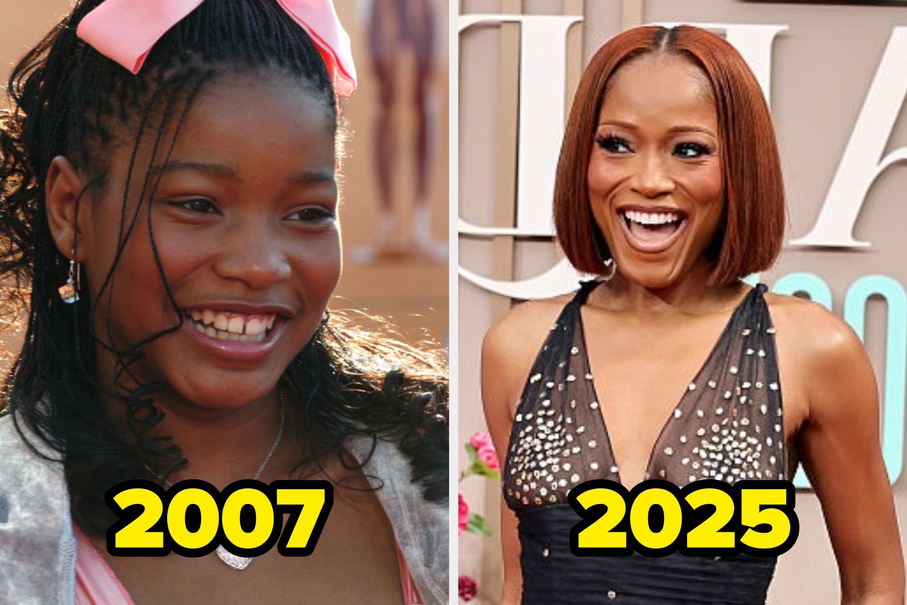 Two side-by-side photos of a woman at different ages. In one, she is young, and in the other, she's older with long hair and a shiny jacket