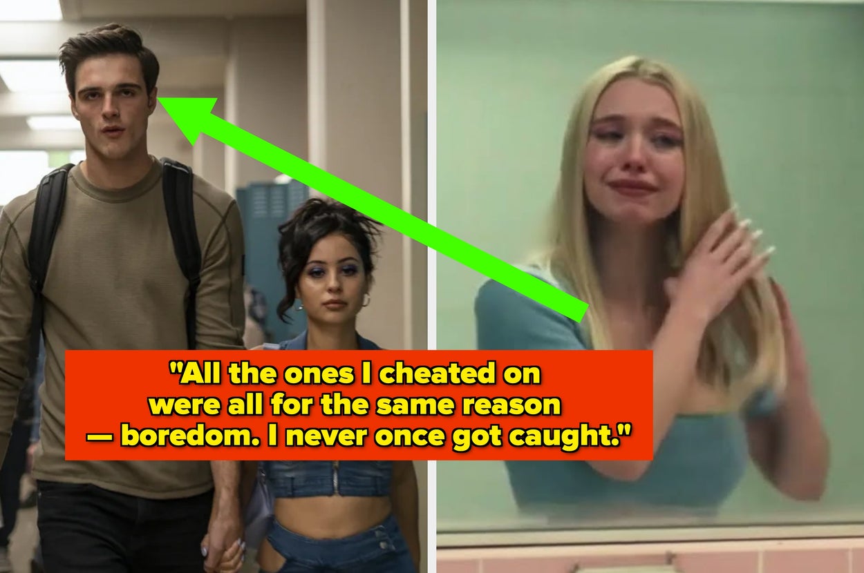 Two-part image: Left shows a couple holding hands; right shows a woman crying. Overlaid text expresses cheating due to boredom without getting caught