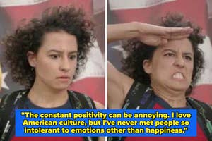 Two-panel meme: A person looks surprised in the first panel and agitated in the second, with text about American positivity and emotional intolerance