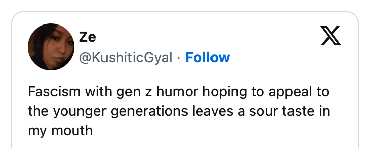 Tweet expressing discomfort with combining fascism and Gen Z humor