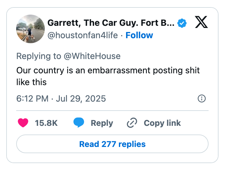 Tweet criticizing the country as an embarrassment, posted by a user named Garrett
