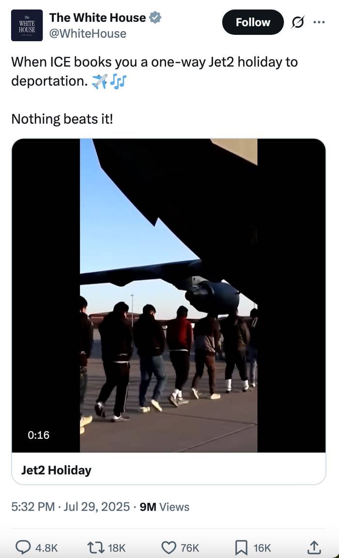 A group of people boarding a plane, with a tweet caption joking about being deported