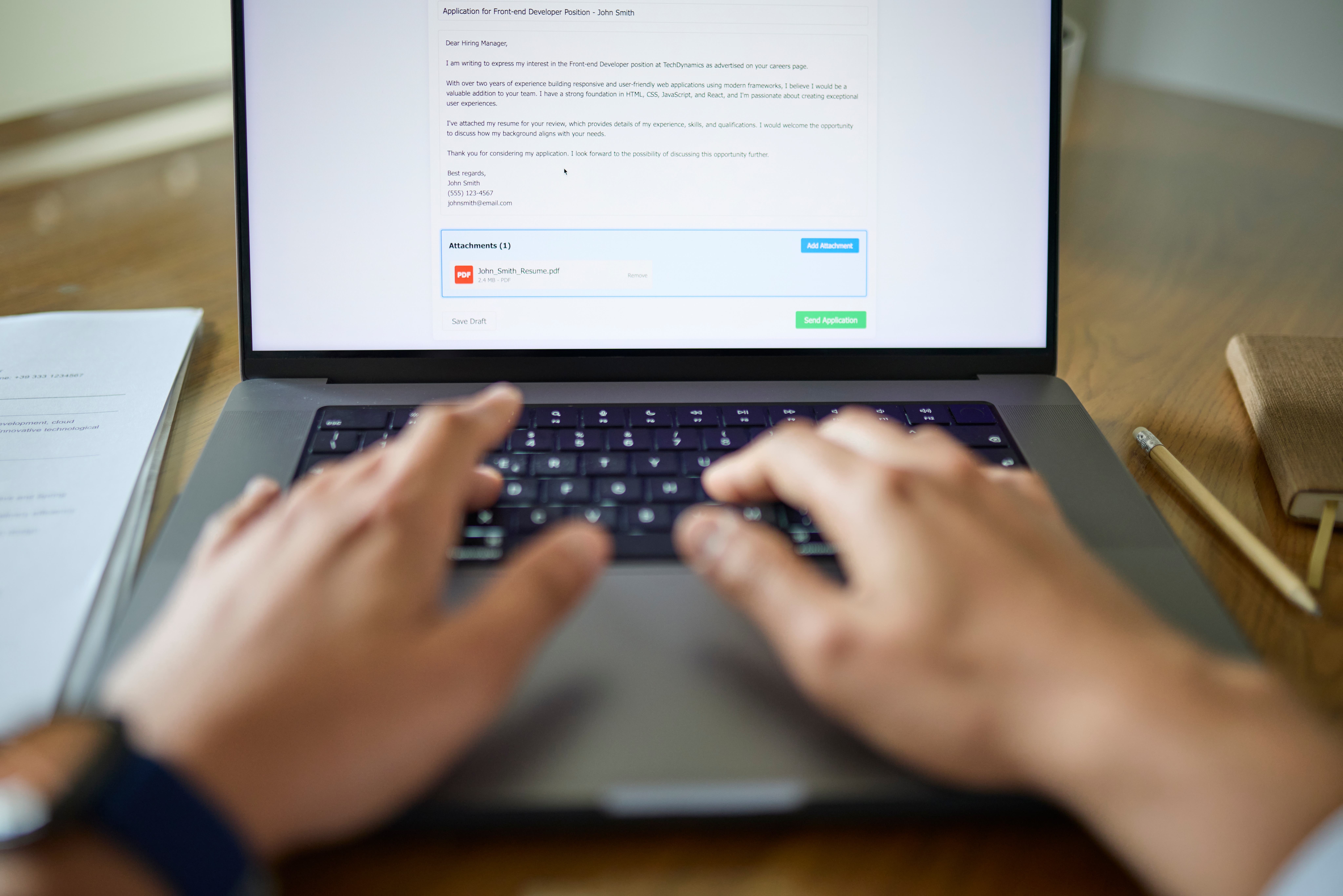 Hands typing on a laptop keyboard, displayed text discusses Google Star Market Tool, related to article theme of work and money