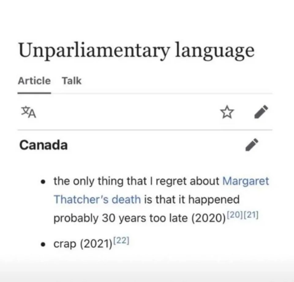 Section titled &quot;Unparliamentary language&quot; with remarks from Canada mentioning regret about Margaret Thatcher&#x27;s death delayed 30 years, and the word &quot;crap.&quot;