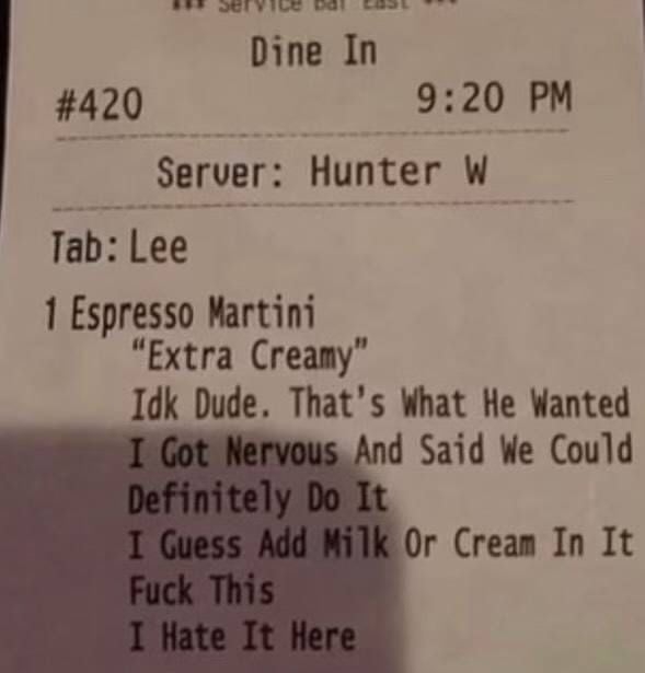 Receipt with text about ordering an espresso martini; includes phrases like &quot;extra creamy&quot; and humorous comments about adding milk or cream