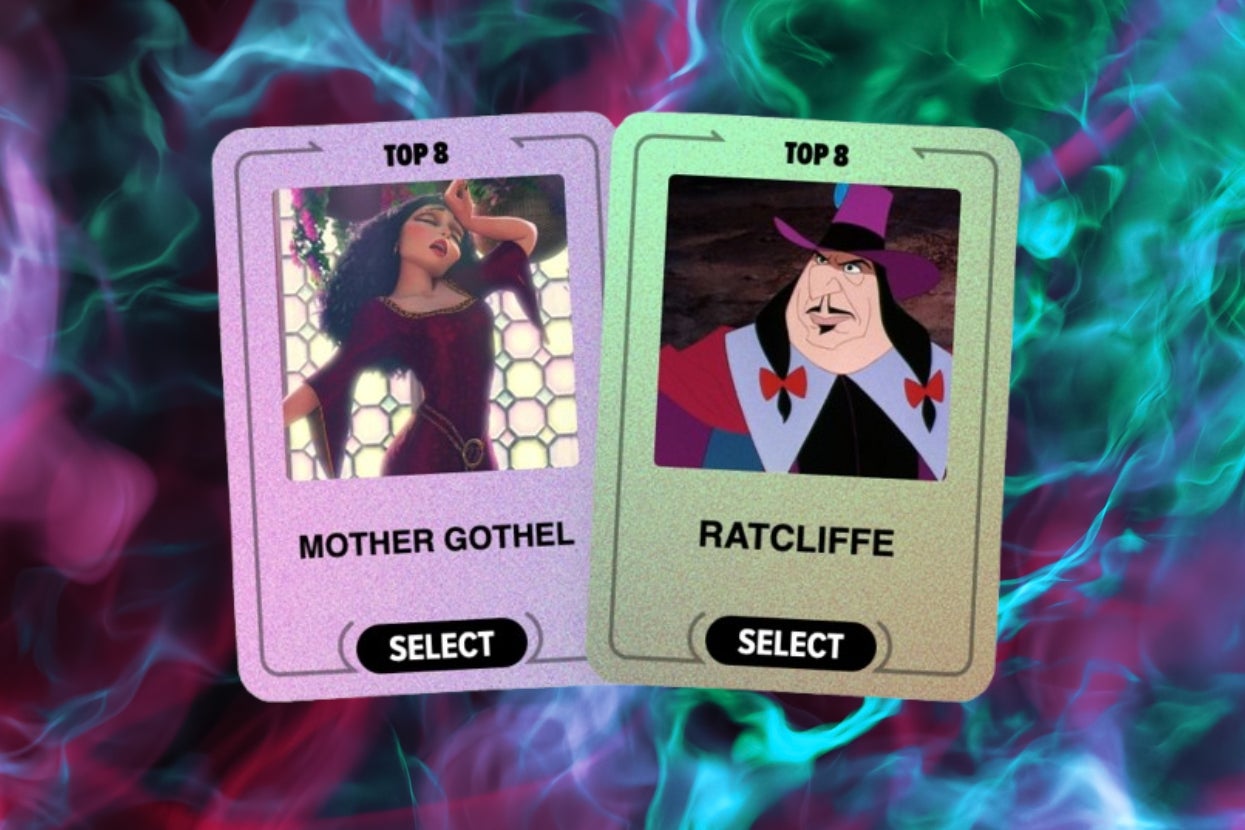 Two cards show animated characters Mother Gothel and Ratcliffe, labeled "Top 8." Each card has a "Select" button