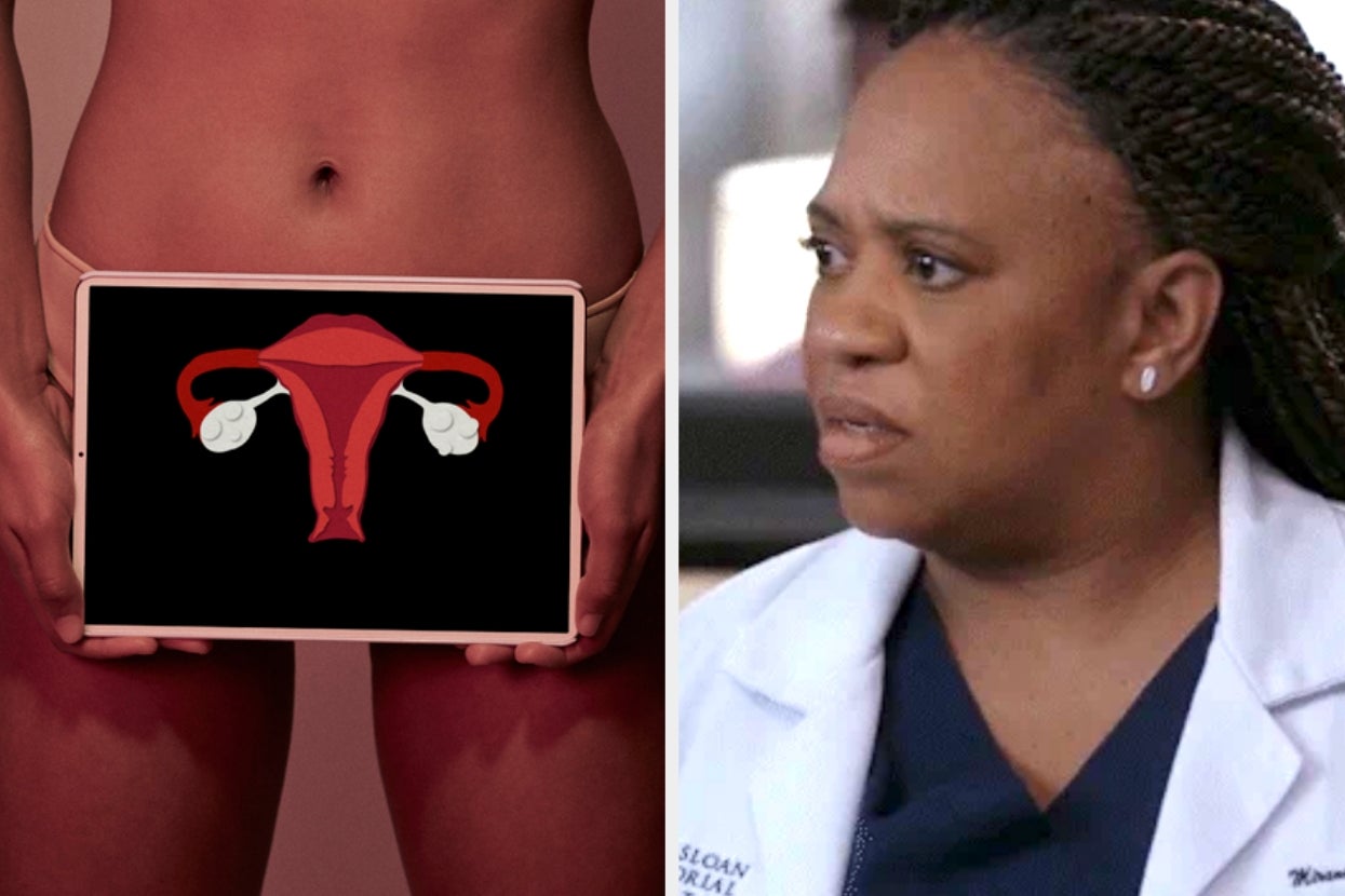 Person holding uterus diagram; another in a lab coat, appearing concerned