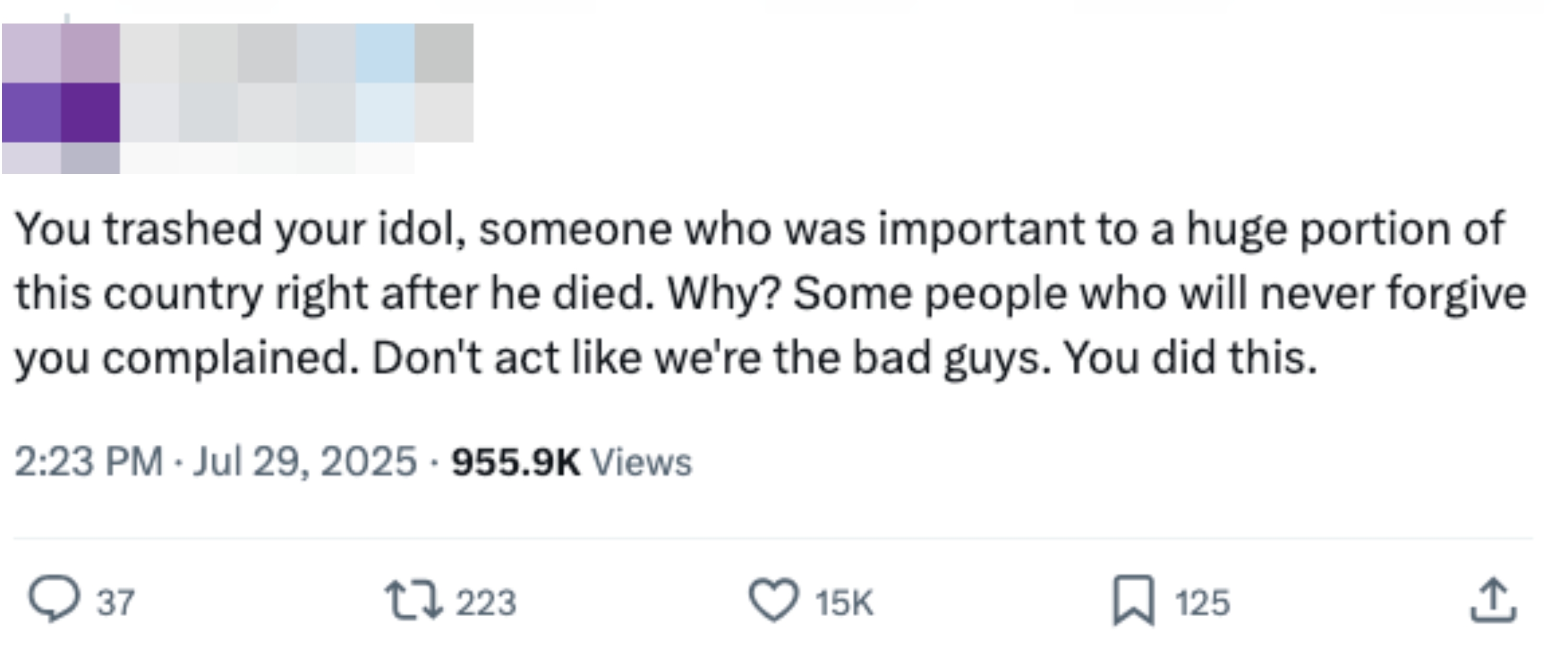 A tweet by @9mm_smg criticizes people for demeaning an idol after his death, implying they are responsible and denying blame