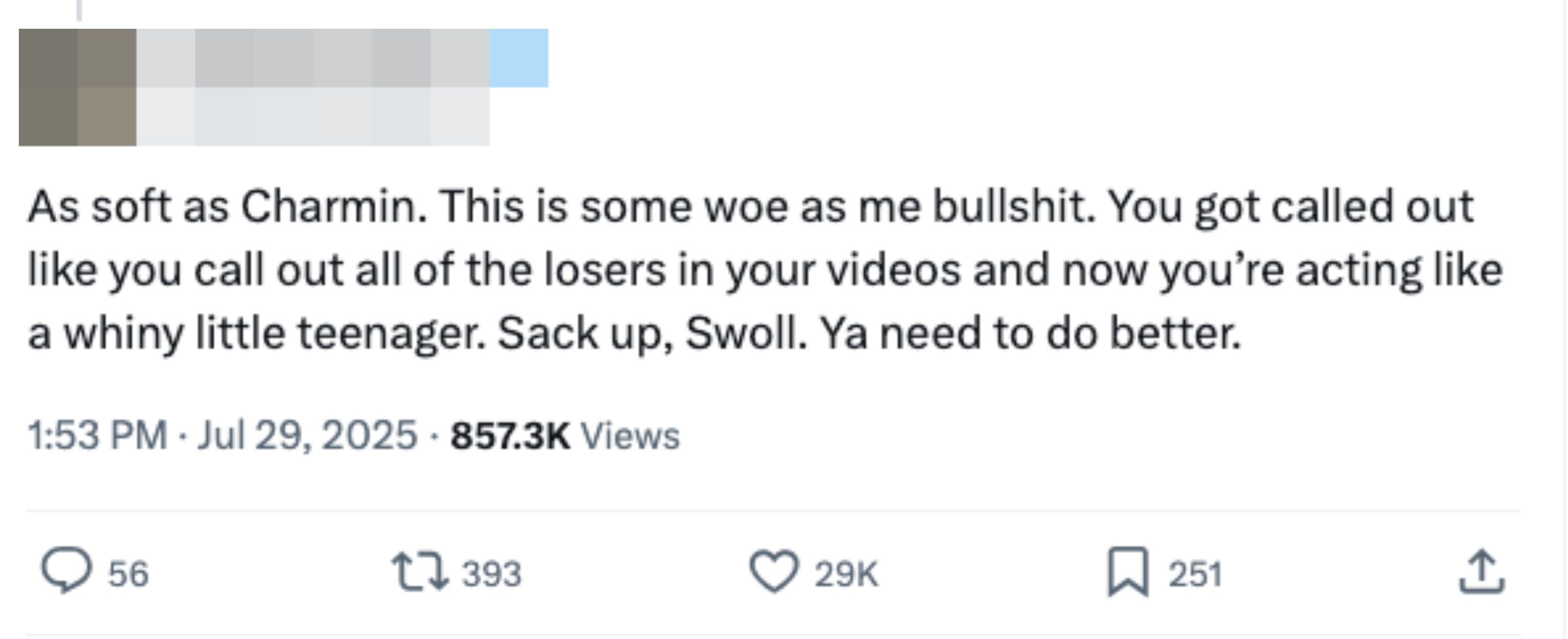 Tweet calling out someone for overreacting to criticism, suggesting they need to improve and act more maturely