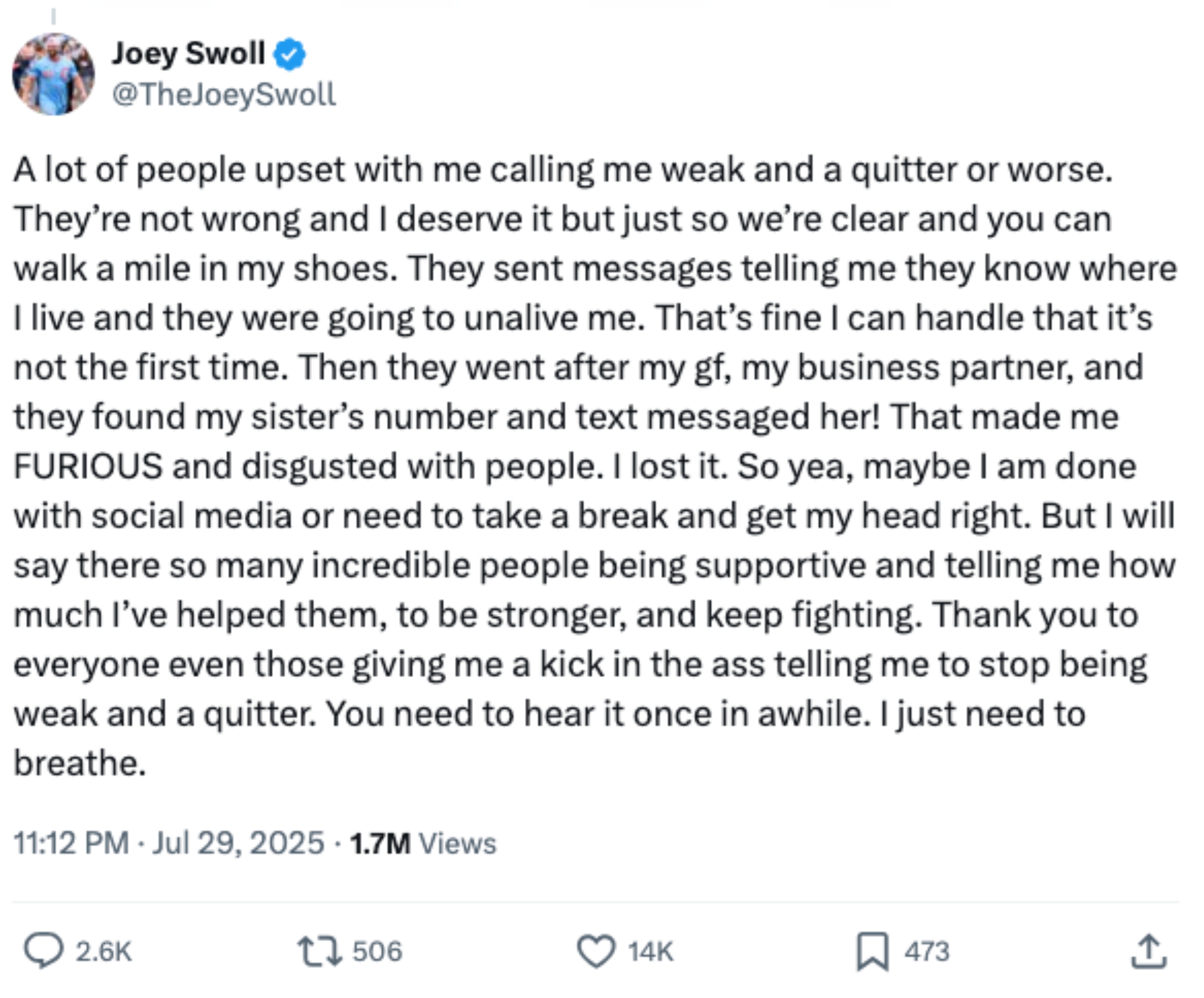 Tweet by Joey Swoll addressing criticism about taking breaks, focusing on the importance of mental health and personal boundaries