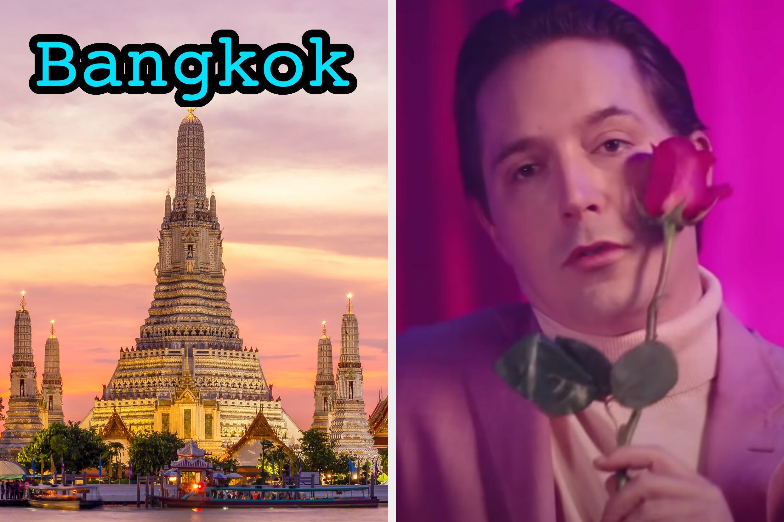 On the left, Wat Arun temple at sunset labeled Bangkok, and on the right, Beck Bennett with a rose pressed to his cheek in an SNL sketch