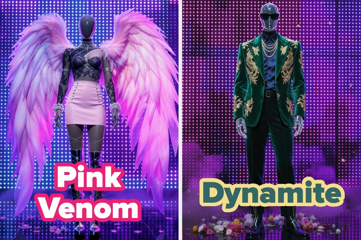 Two mannequins in elaborate costumes: left with feathered wings and a short skirt, labeled "Pink Venom"; right in ornate suit, labeled "Dynamite."