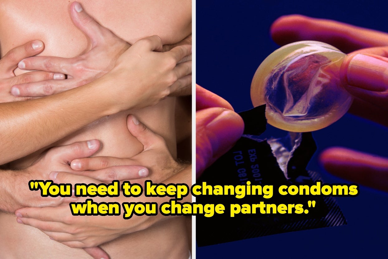 Two images: Left, multiple hands on a torso. Right, hand opening a condom package. Text reads, "You need to keep changing condoms when you change partners"