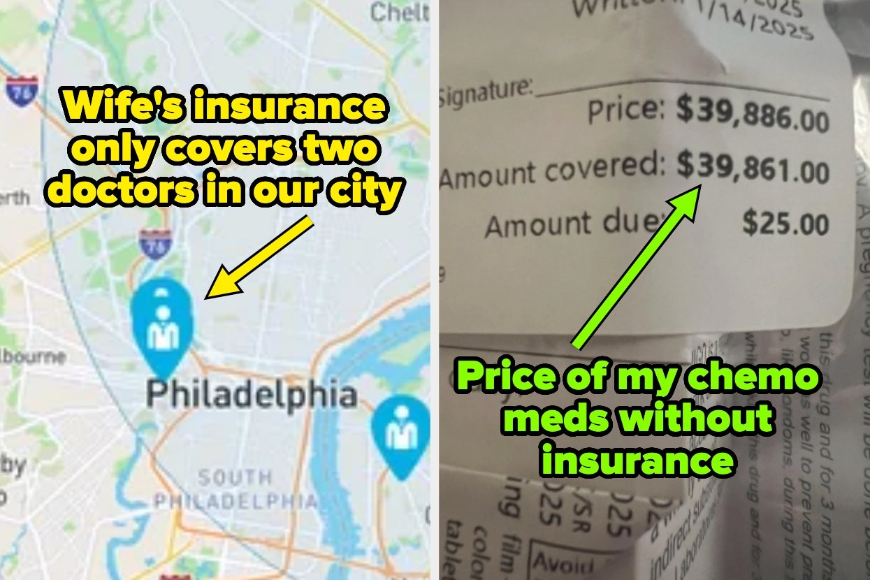 map with two markers captioned "Wife's insurance only covers two doctors in our city" and $39.8k bill captioned "Price of my chemo meds without insurance"