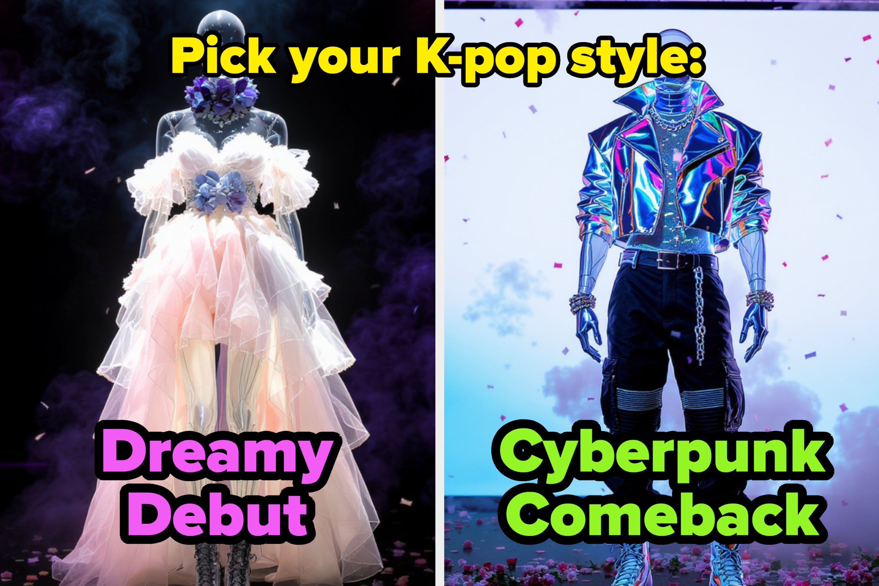 Two mannequins with contrasting outfits: one in a ruffled, dreamy dress with flowers, the other in a cyberpunk style with a shiny jacket